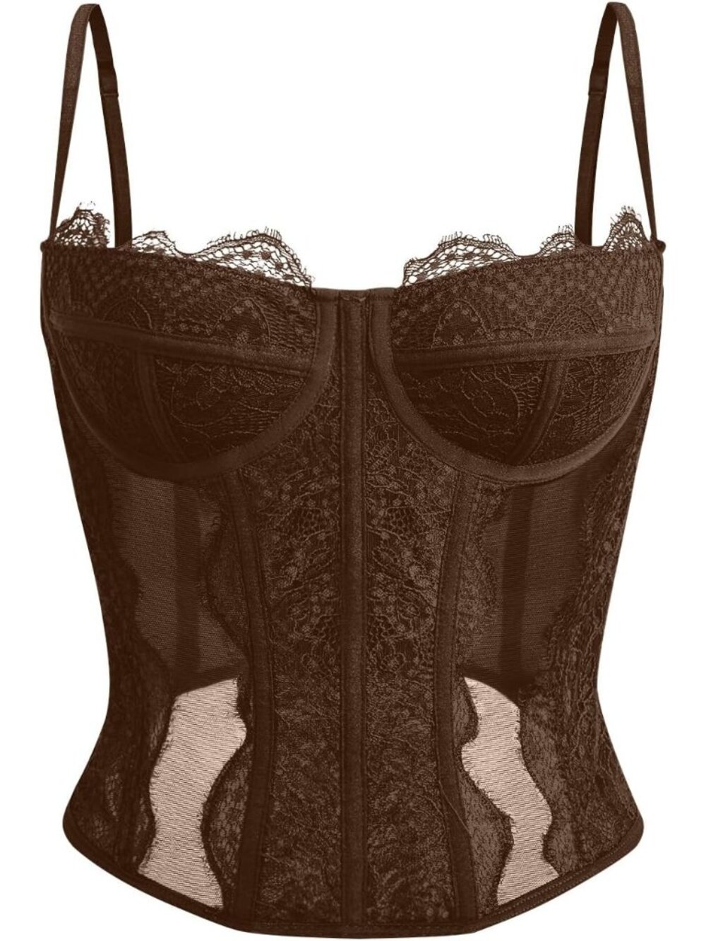 Women's Brown Boned Lace Mesh Underwire Bustier Spaghetti Strap Corset Tank Top